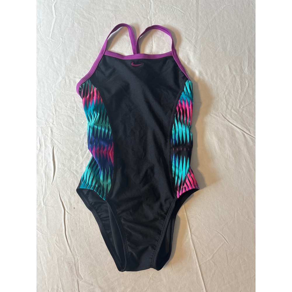 Nike Swimsuit Women 30 Black Pink Teal Fair Geometric Racerback One Piece 2849